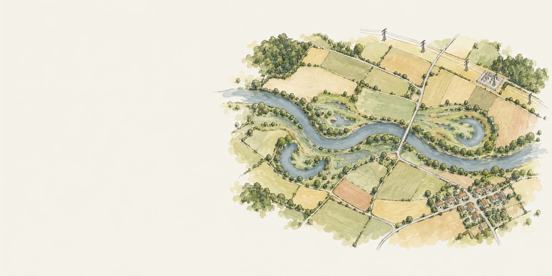 A hand-drawn aerial watercolour of farmland along a winding river, with a solar project’s area outlined, the floodplain, woodland and setbacks hatched out of it, and rows of solar arrays fitted into the fields that are left.