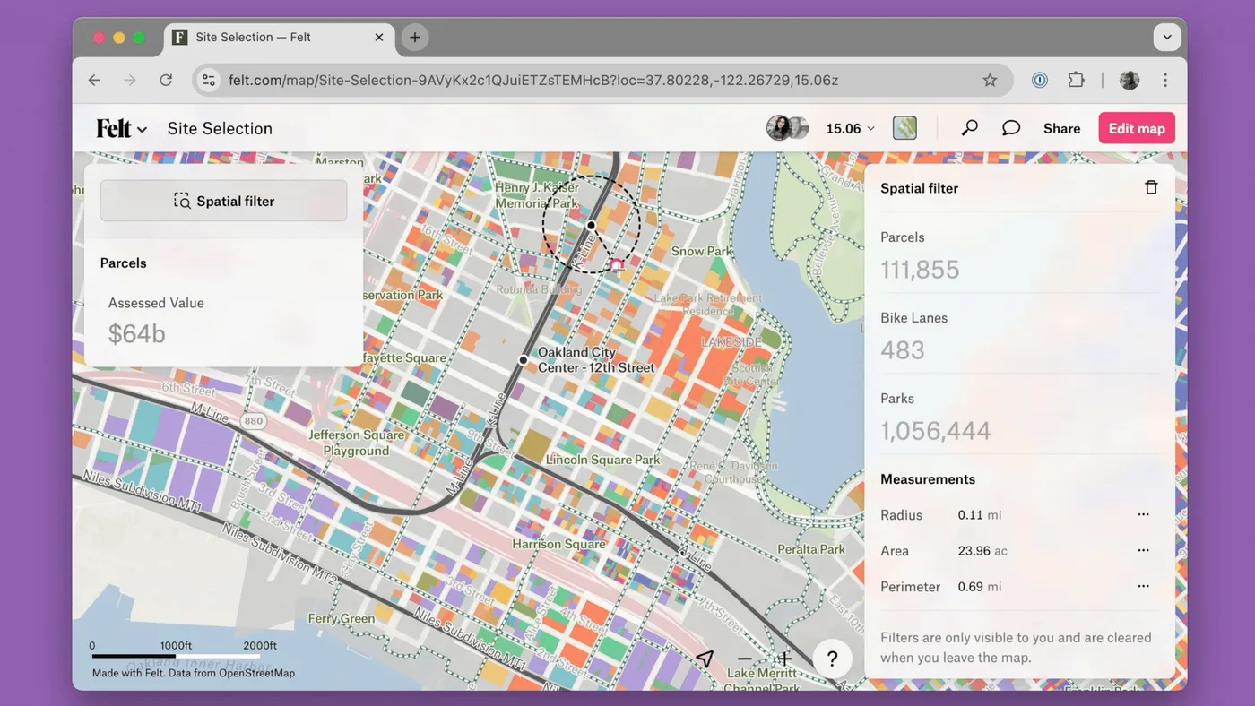 Drawing a circular spatial filter over Oakland parcels and dragging it; the counts of parcels, bike lanes and parks update to what lies inside