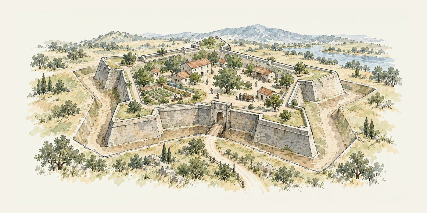 An illustration of a star-shaped fortress seen from above, its stone walls enclosing a busy courtyard of gardens and buildings