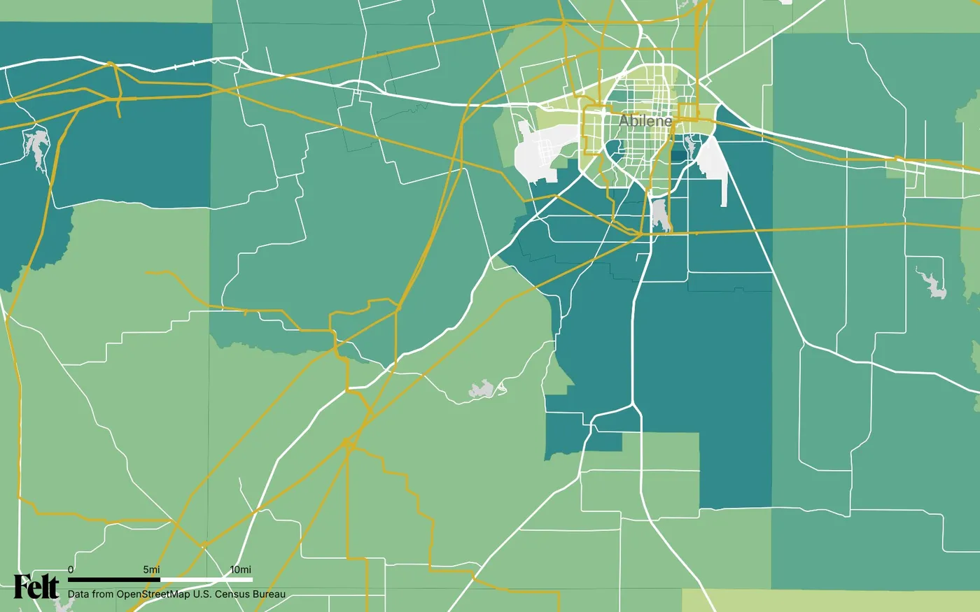 Map of Taylor County, Texas: the county outlined, with transmission lines over median household income by census tract