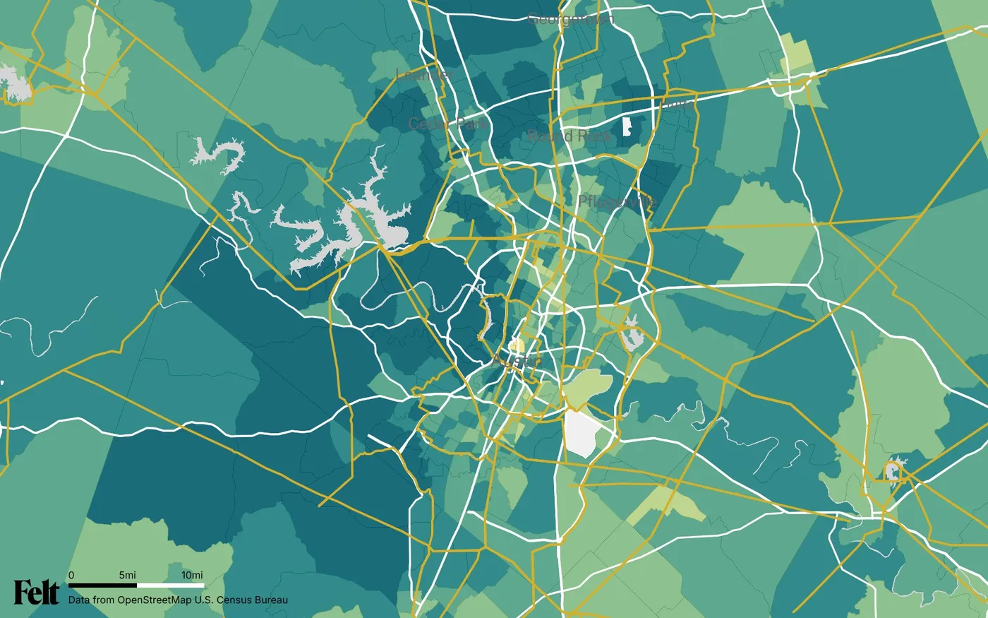 Map of Travis County, Texas: the county outlined, with transmission lines over median household income by census tract
