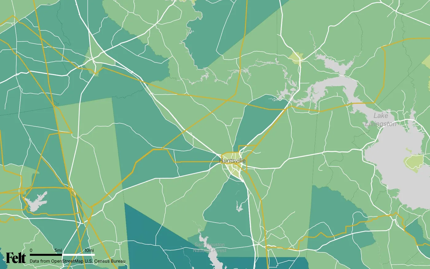 Map of Walker County, Texas: the county outlined, with transmission lines over median household income by census tract