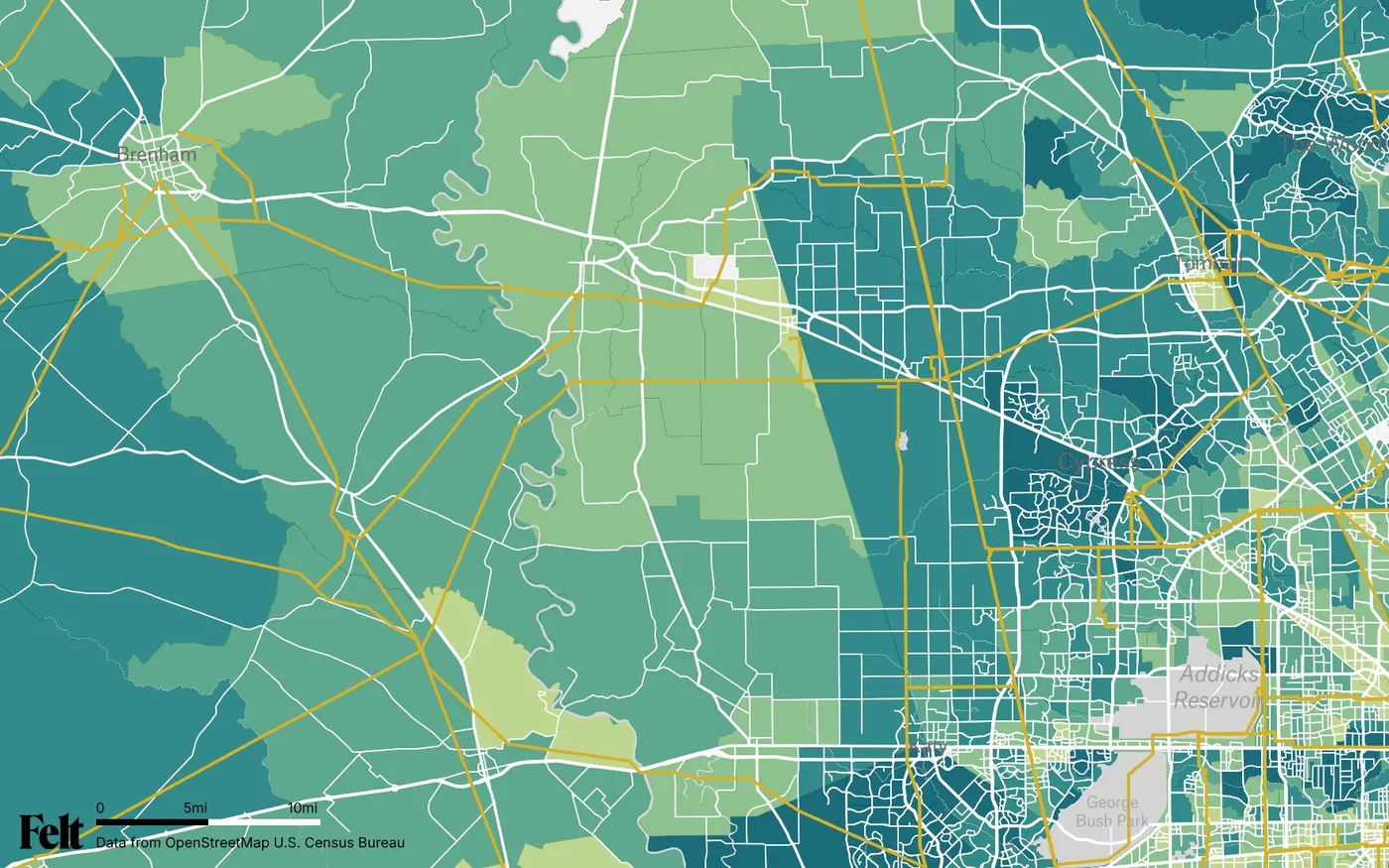 Map of Waller County, Texas: the county outlined, with transmission lines over median household income by census tract