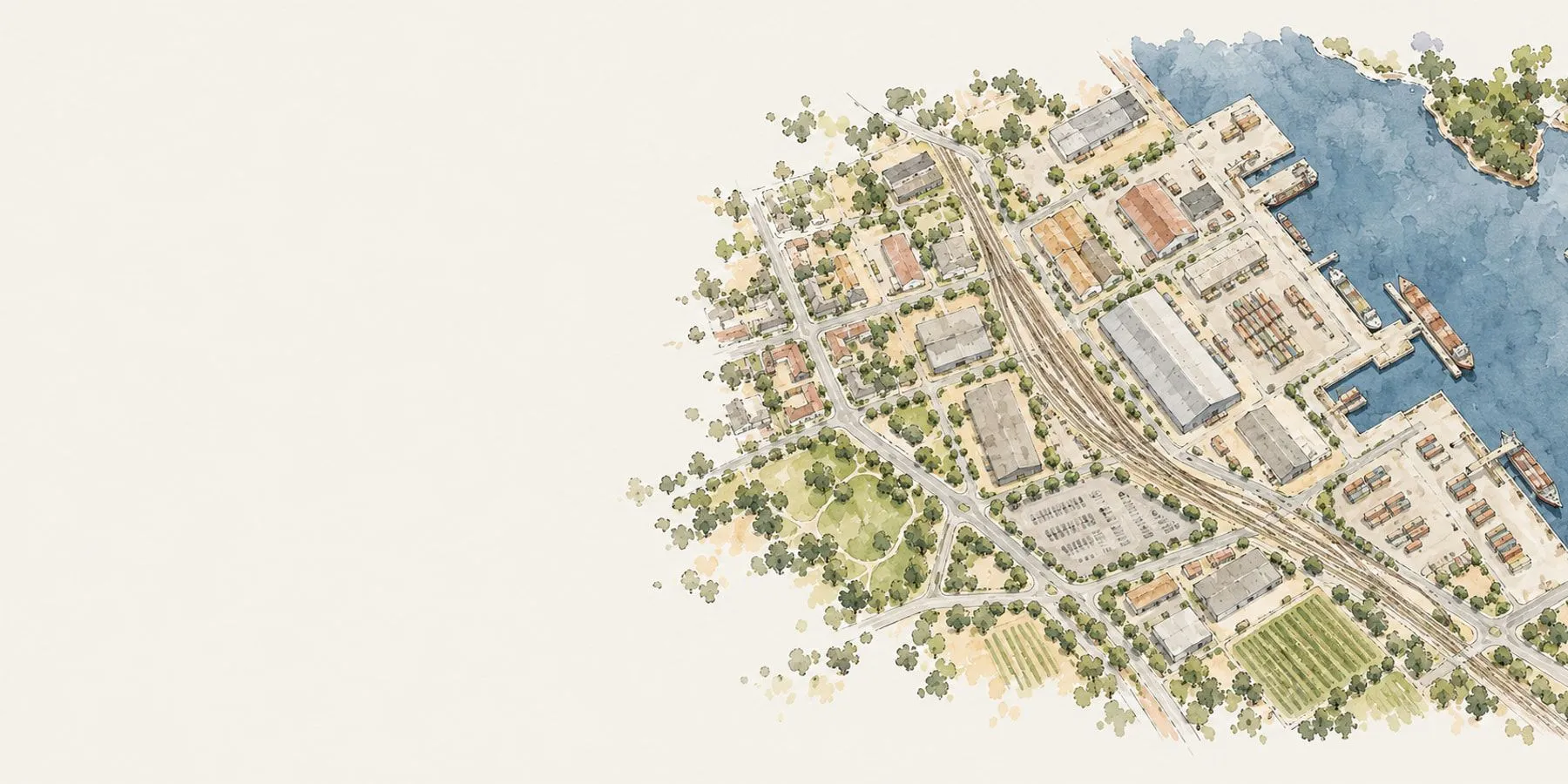 A hand-drawn aerial watercolour of an industrial waterfront that thins out to paper, with a question in the Felt AI input and three warehouses marked as its answer.